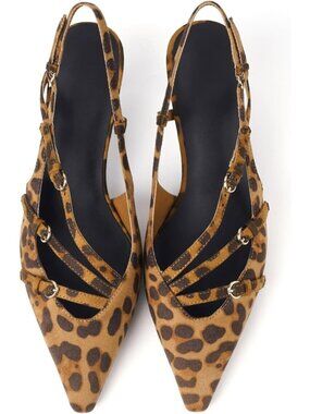 Women's Leopard Print Slingback Kitten Pointed Closed Pumps Low Heels Shoes